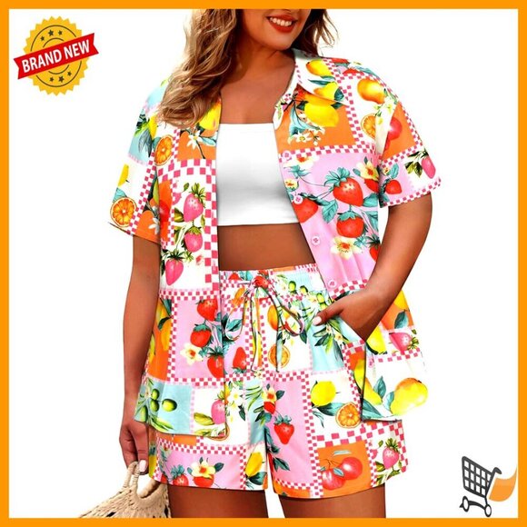 Pants - Plus Size Two Piece Set Summer Vacation Outfit Short Sleeve Top and Shorts